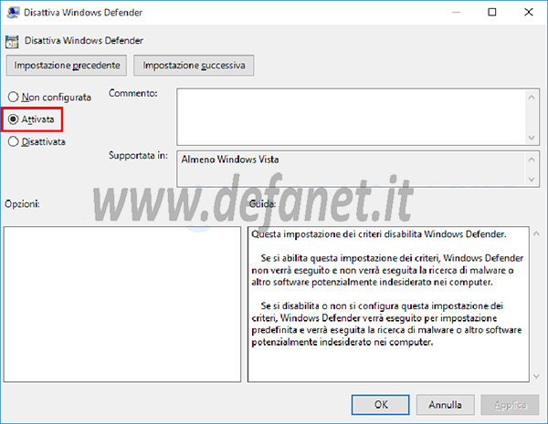 Disattivare Windows Defender Windows 10 Pro
