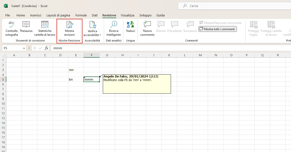 Come visualizzare le modifiche a cella di Excel con Mostra Revisione