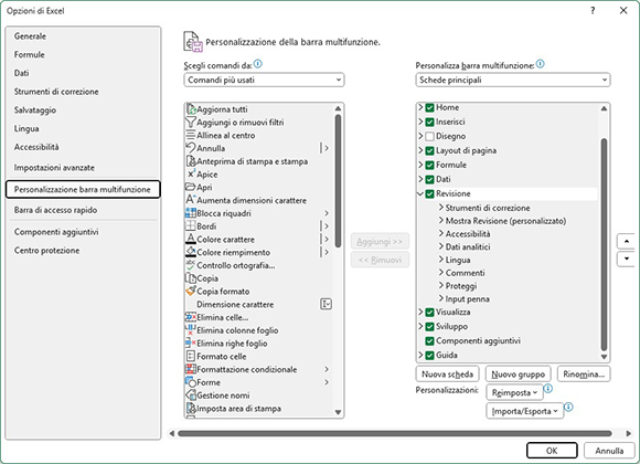 Excel personalizzazione barra multifunzione