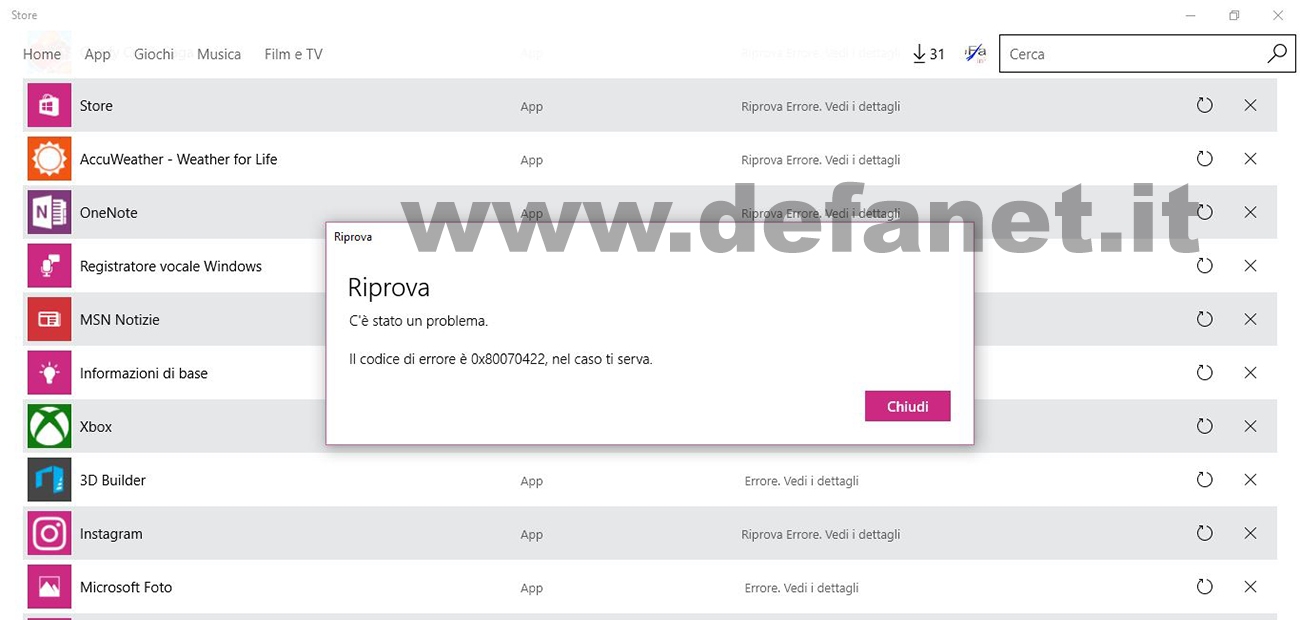 Windows Store: Errore 0x80070422 