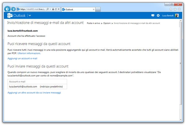 Figura 1: la pagina per aggiungere e-mail da usare per ricevere e spedire messaggi.