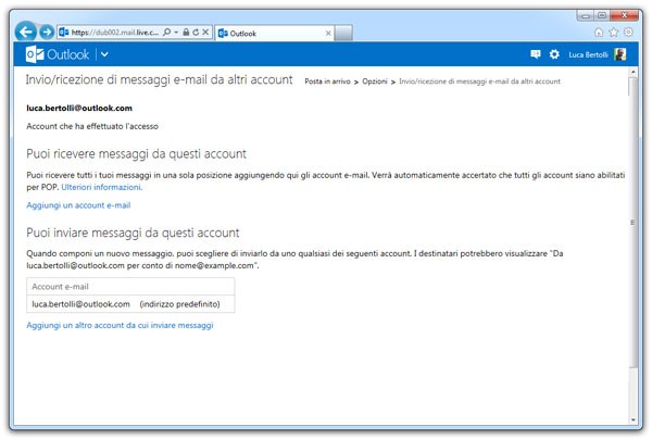Figura 1: la pagina per aggiungere e-mail da usare per ricevere e spedire messaggi.