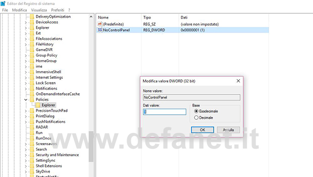 Windows 10 disattivare accesso pannello di controllo da registro di sistema