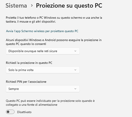 Impostazioni schermo wireless windows 11 