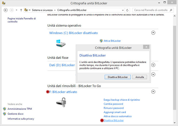 Windows 10 Disattivazione Bitlocker